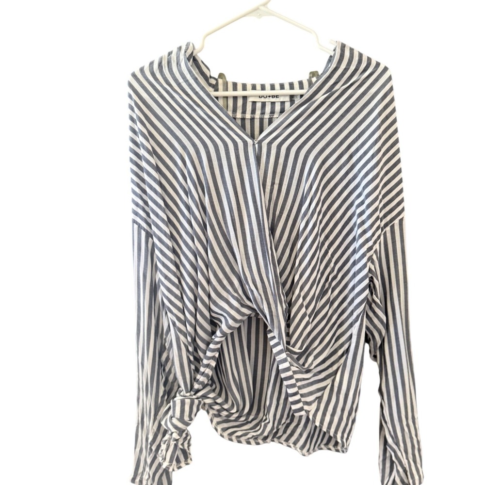DO+BE Blue White Striped Front Tie Surplice V-Neck Long Sleeve Blouse Preppy M‎